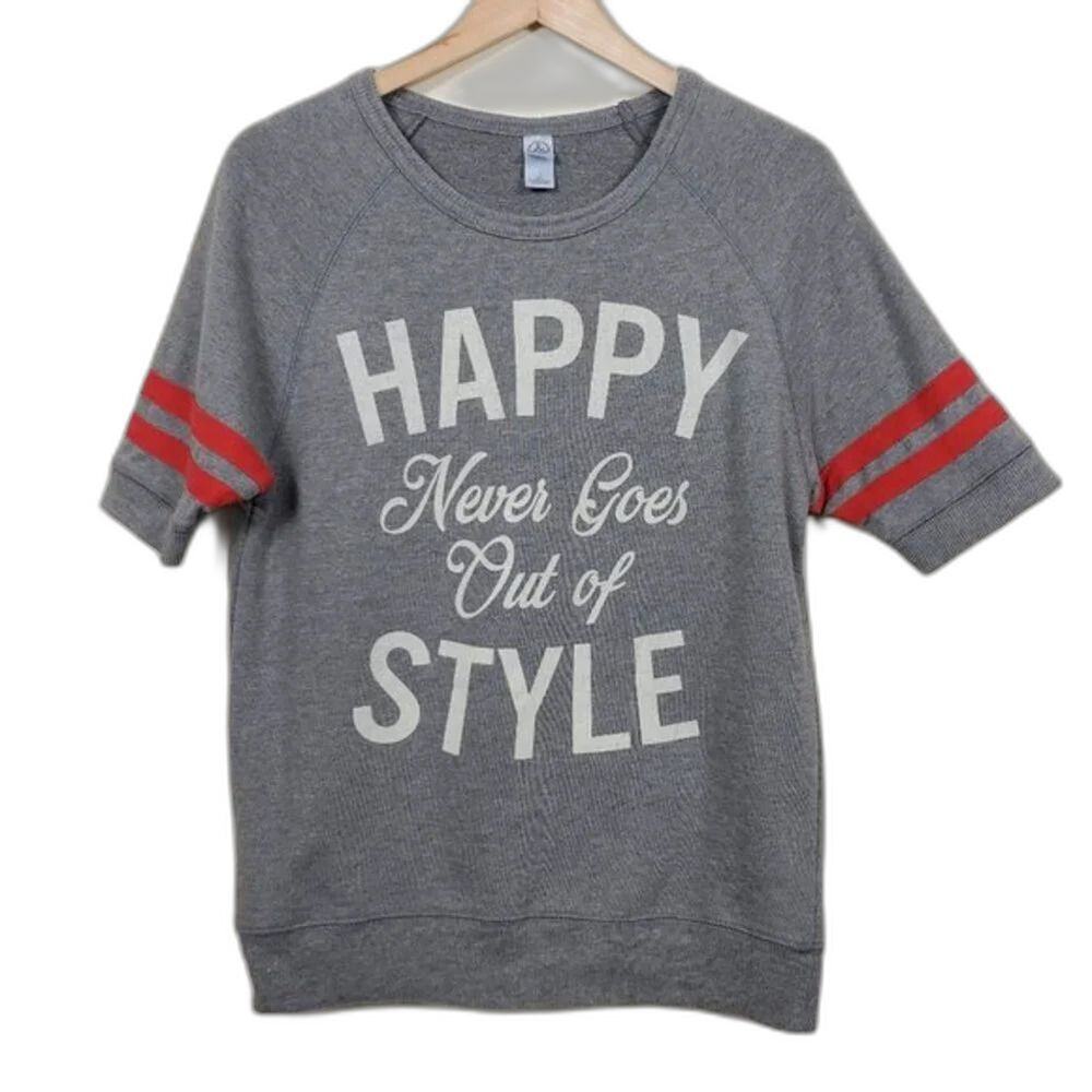 Alternative Graphic Tee Women Size S Gray Red Varsity Stripe Casual Athleisure
